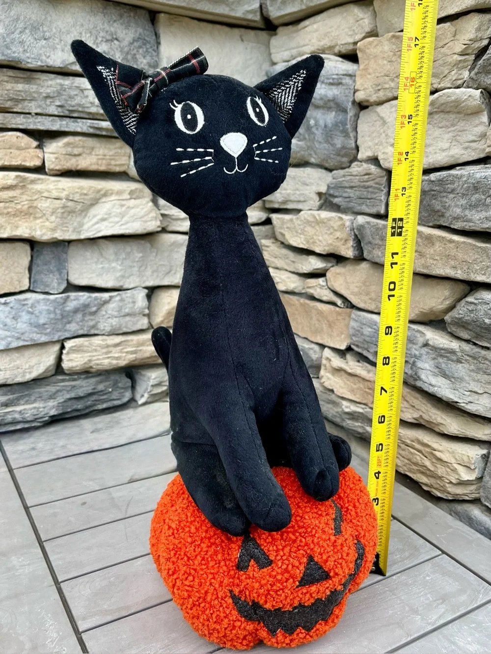 Black Cat on Orange Pumpkin Jack-o’-lantern Plush Halloween Display 17in